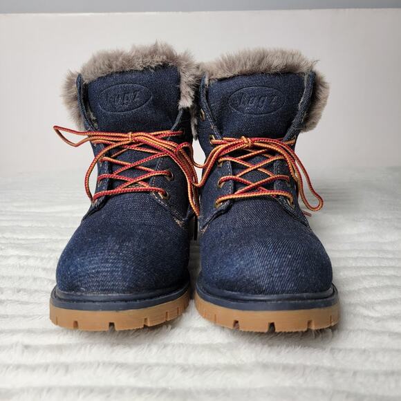 Lugz Faux Fur Lined Denim Look Boots Womens 7 Cozy Winter Lace Up Rugged Warm - Picture 3 of 9